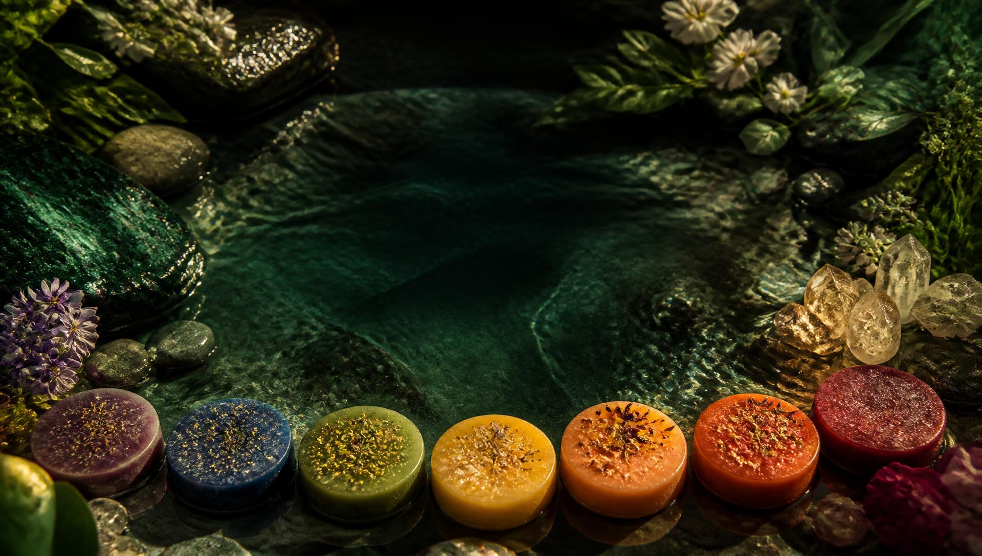 Seven colourful handcrafted chakra soaps in a natural bathing ritual setting